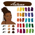 Seasonal color analysis palette for autumn type of female appearance. Face of young african american wom Royalty Free Stock Photo