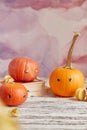 Seasonal cute Halloween pumpkins family with eyes. Funny seasonal vegetables. Copy space