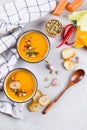 Seasonal fall autumn roasted pumpkin carrot soup with ingredients Royalty Free Stock Photo