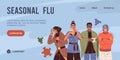 Seasonal flu poster. Stop virus banner, sick people with cold symptoms, drinking hot tea, coughing and trembling