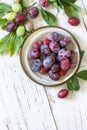 Seasonal food background. Ripe juicy plums in a bowl on a rustic wooden table. Top view flat lay. Copy space. Royalty Free Stock Photo