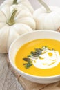 Seasonal food.Pumpkin soups. Soup decorated with cream sauce and pumpkin seeds. White background .Autumn foliage