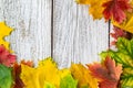 Seasonal frame of autumnal maple leaves on white wooden background