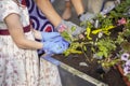 Seasonal gardening, children`s hands in gloves at work in the garden. Unrecognizable little girl helping to plant spring