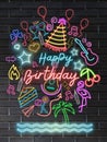 Happy Birthday in neon glow cordial greetings and fruity wishes Royalty Free Stock Photo
