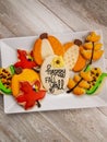 Happy fall y`all sugar cookie platter decorated to celebrate the season