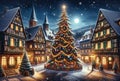 Seasonal Illustration - Christmas Tree in the Town Square, on a Cold Winter Evening