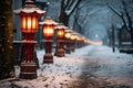 Seasonal magic Snowy scene with atmospheric red lanterns lining the street