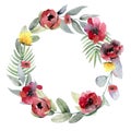 Seasonal mixed round frame with peony, ranunculus, succulents, wild rose, brunia, blackberries and eucalyptus leaves