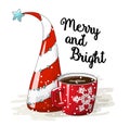 Seasonal Motive, Abstract Christmas Tree. Red Cup Of Coffee And Text Merry And Bright, Vector Illustration