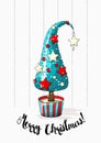 Seasonal motive, abstract christmas tree with stars, pearls and text Merry Christmas, vector illustration