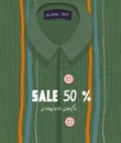 Seasonal sale, discounts. Funny vector green flyer for seasonal discounts and summer clothing sales. Bright trendy shirt with an