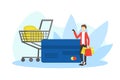 Seasonal Sale, Shopping, Man with Huge Credit Card and Shopping Cart Vector Illustration