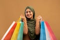 Seasonal sales. Happy arab woman in hijab holding lots of shopping bags, standing over brown studio background