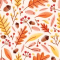 Seasonal seamless pattern with acorns, fallen oak leaves, viburnum berries on white background. Natural vector Royalty Free Stock Photo