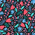 Seasonal seamless pattern with garden strawberries and leaves on black background. Botanical backdrop with summer