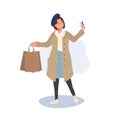 Seasonal Shopping Spree. Autumn Sale. Full-Length Stylish Woman Holding shopping bags and credit card. Happy Shopper with Autumn