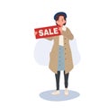 Seasonal Shopping Spree. Autumn Sale. Full-Length Stylish Woman Holding Sale Sign. Happy Shopper with Autumn Discounts