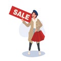 Seasonal Shopping Spree. Autumn Sale. Full-Length Stylish Woman Holding Sale Sign with Shopping Bags. Happy Shopper with Autumn