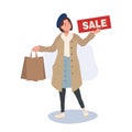 Seasonal Shopping Spree. Autumn Sale. Full-Length Stylish Woman Holding Sale Sign with Shopping Bags. Happy Shopper with Autumn