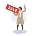 Seasonal Shopping Spree. Autumn Sale. Full-Length Stylish Woman Holding Sale Sign with Shopping Bags. Happy Shopper with Autumn