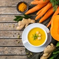 Seasonal spicy fall autumn creamy pumpkin and carrot soup Royalty Free Stock Photo