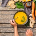 Seasonal spicy fall autumn creamy pumpkin and carrot soup Royalty Free Stock Photo