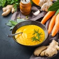 Seasonal spicy fall autumn creamy pumpkin and carrot soup Royalty Free Stock Photo