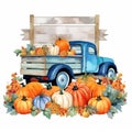 Seasonal Splendor Blue Vintage Truck Overflowing with Pumpkins