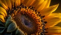 Seasonal spring background with sunflower. A close-up of the center of the flower. Floristic illustration.