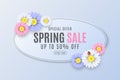 Seasonal spring banner for sale. Paper oval banner with multicolored flowers. Ladybug on a daisy. Modern label for your business