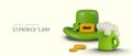 Seasonal St. Patrick Day header. Traditional leprechaun hat, beer mug, clover, gold coin Royalty Free Stock Photo