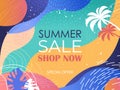 seasonal summer sale banner flyer or greeting card with decorative leaves and hand drawn textures