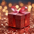 Seasonal surprise Vibrant red gift box wrapped in festive tinsel