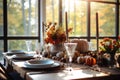 Seasonal table setting with pumpkins and flowers