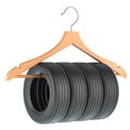 Seasonal Tire Storage, concept. Wooden hanger with car tyres, 3D rendering