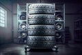 Seasonal tire storage. A new set of summer tires is stacked in a garage or a car repair shop. Seasonal overshooting and