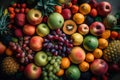 Seasonal various fresh fruits background colorful on a wooden table, top view, generative ai Royalty Free Stock Photo