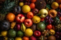 Seasonal various fresh fruits background colorful on a wooden table, top view, generative ai Royalty Free Stock Photo