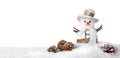 Seasonal white background with happy snowman Royalty Free Stock Photo