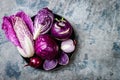 Seasonal winter autumn purple vegetables background. Plant based vegan or vegetarian cooking concept. Clean eating food