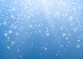 Seasonal Winter Holiday Background. Festiveal Snowfall on Blue Sky. White Snowflakes Fall. Frost Snow and Sunshine. Vector Royalty Free Stock Photo