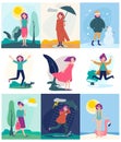 Seasonal woman. Different weather outdoor character walking in different season conditions rainy windy snow storm or hot Royalty Free Stock Photo