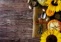 Seasonal wooden table setting with small pumpkins Royalty Free Stock Photo