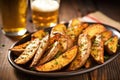 seasoned bbq potato wedges with a pint of blonde beer