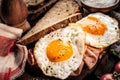 Seasoned fried eggs and ham on whole grain bread