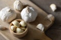 Seasoned Garlic and Herbs for Delicious Home Cooking. Fresh garlic and a variety of aromatic herbs are beautifully arranged on a Royalty Free Stock Photo