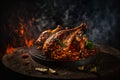 seasoned juicy chicken drumsticks grilled on barbecue with fire and smoke background Royalty Free Stock Photo