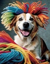 Joy Unleashed: A Hilarious Yarn-Wigged Dog\'s Delight Royalty Free Stock Photo