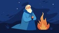 A seasoned thinker wrapped in a blanket staring into the fires dance.. Vector illustration.